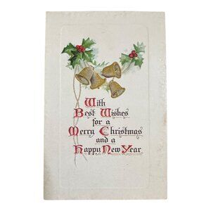 Vintage Postcard Merry Christmas Happy New Year Bells Holly Ivy McGraw NY #M576